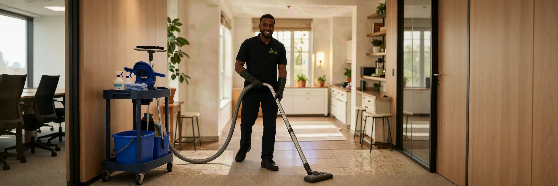 Cleaner vacuuming an office hallway with a cleaning cart