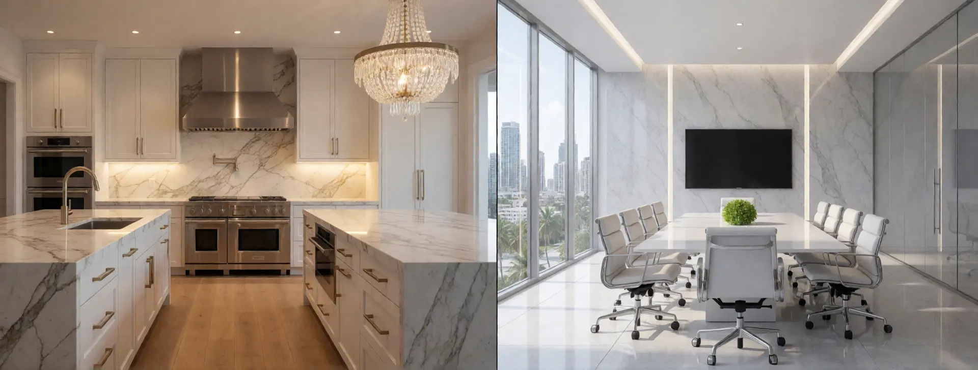 Split scene of a spotless modern kitchen and a clean office — residential and commercial cleaning by Dorman Cleaners