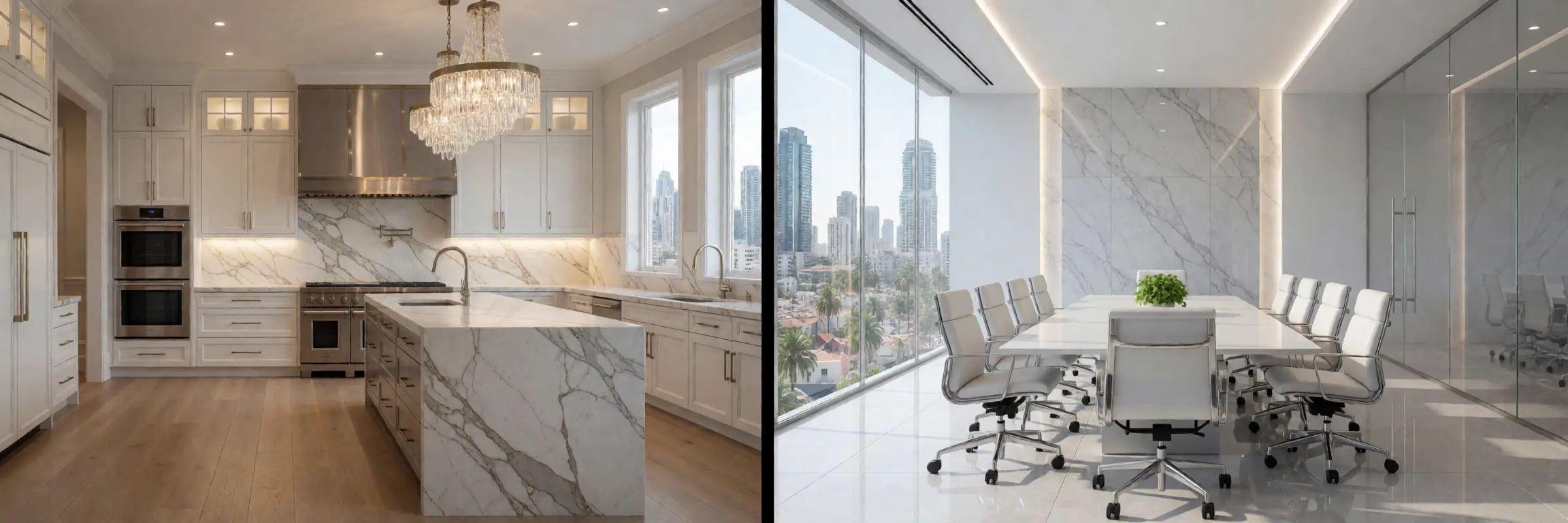 Split scene of a spotless modern kitchen and a clean office — residential and commercial cleaning by Dorman Cleaners