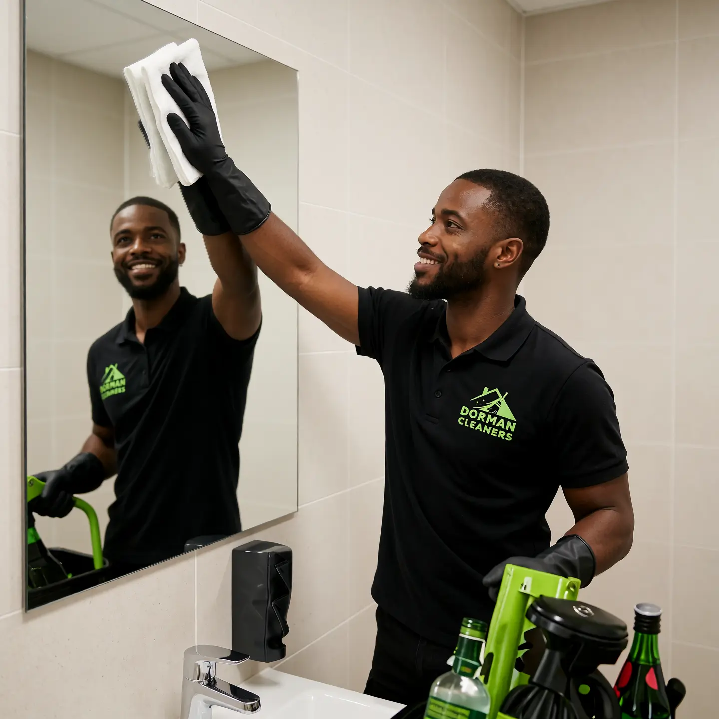 Dorman Cleaners cleaner detailing a mirror before a tenancy handover