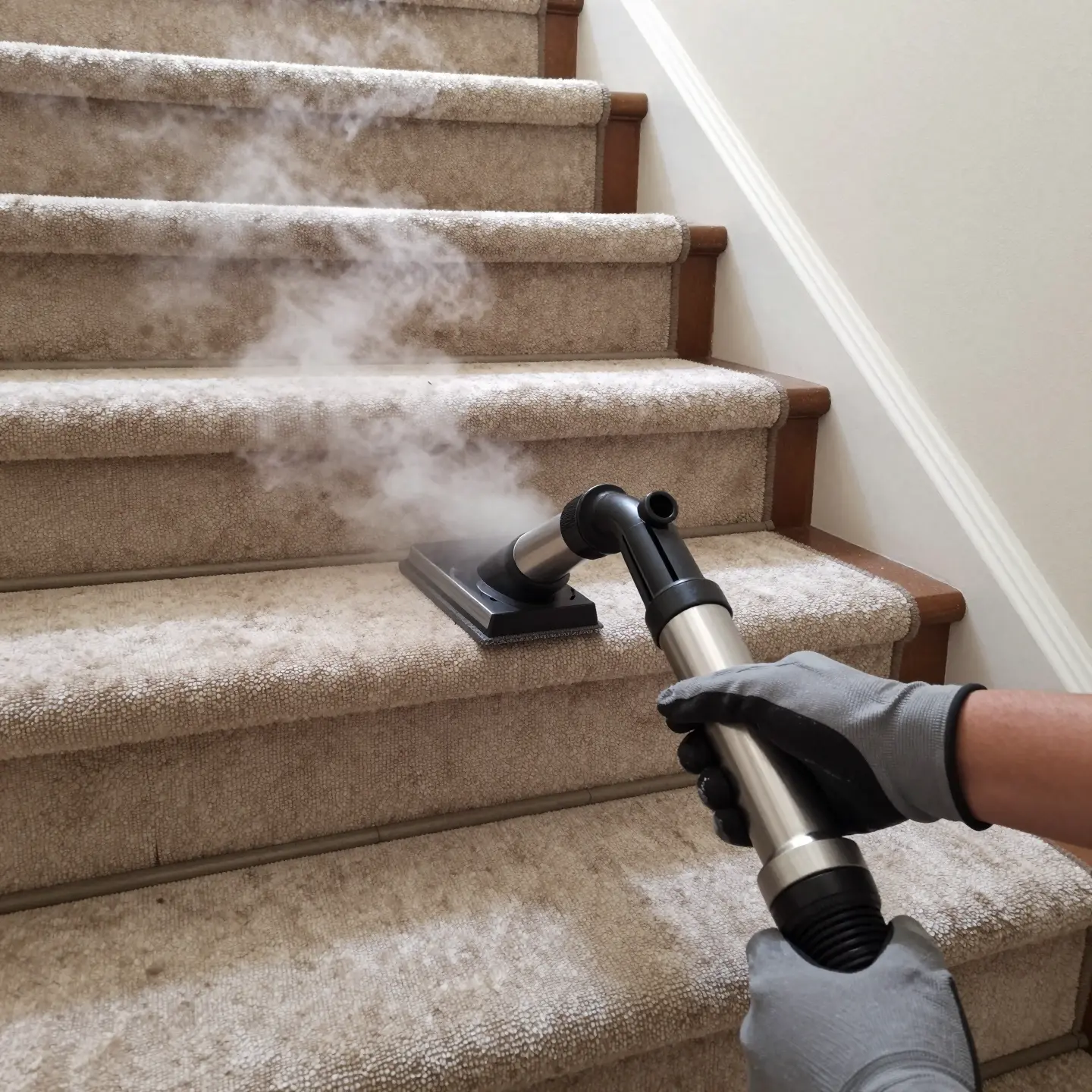Professional steam cleaning a carpeted staircase